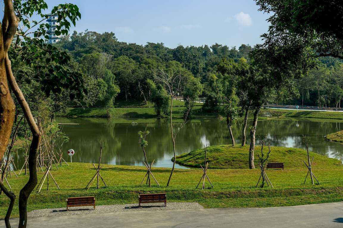 湖畔休憩區與翠綠的球場地景