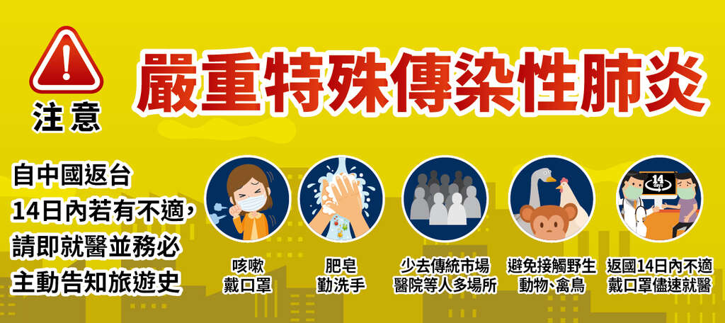 严重特殊传染性肺炎海报,提醒民众咳嗽要戴口罩、肥皂勤洗手、少去传统市场、医院等人多场所、避免接触野生动物、禽鸟及返国14日内不适者,请戴口罩尽速就医
