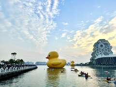 图说10：黄色小鸭与独木舟民众共游爱河湾