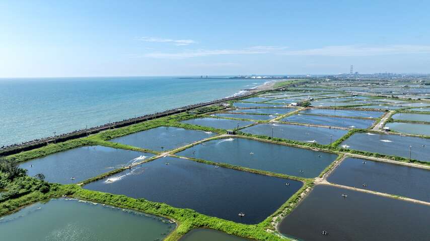 彌陀海濱遊樂區沿岸魚塭錯落有致，與湛藍大海交織出獨特的濱海漁村風光。