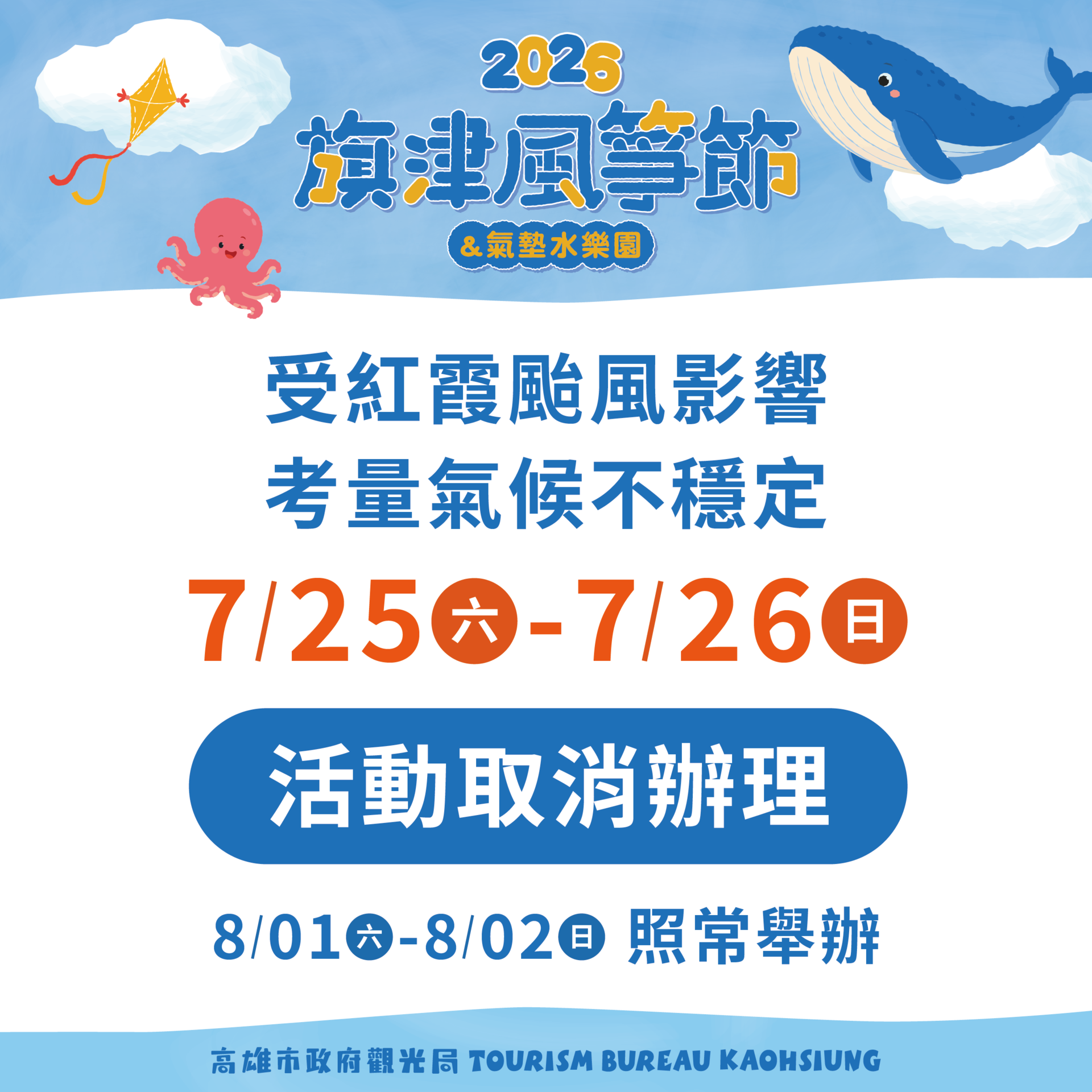 受紅霞颱風影響，原訂7月25、26日舉辦的「2026旗津風箏節暨氣墊水樂園」活動取消辦理