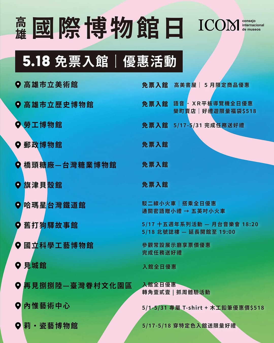 #518國際博物館日 #高雄 精彩登場 #免票入館 #優惠 名單一次看‼️響應「國際博物館日」，高雄多間博物館與地方文化館限時開放...