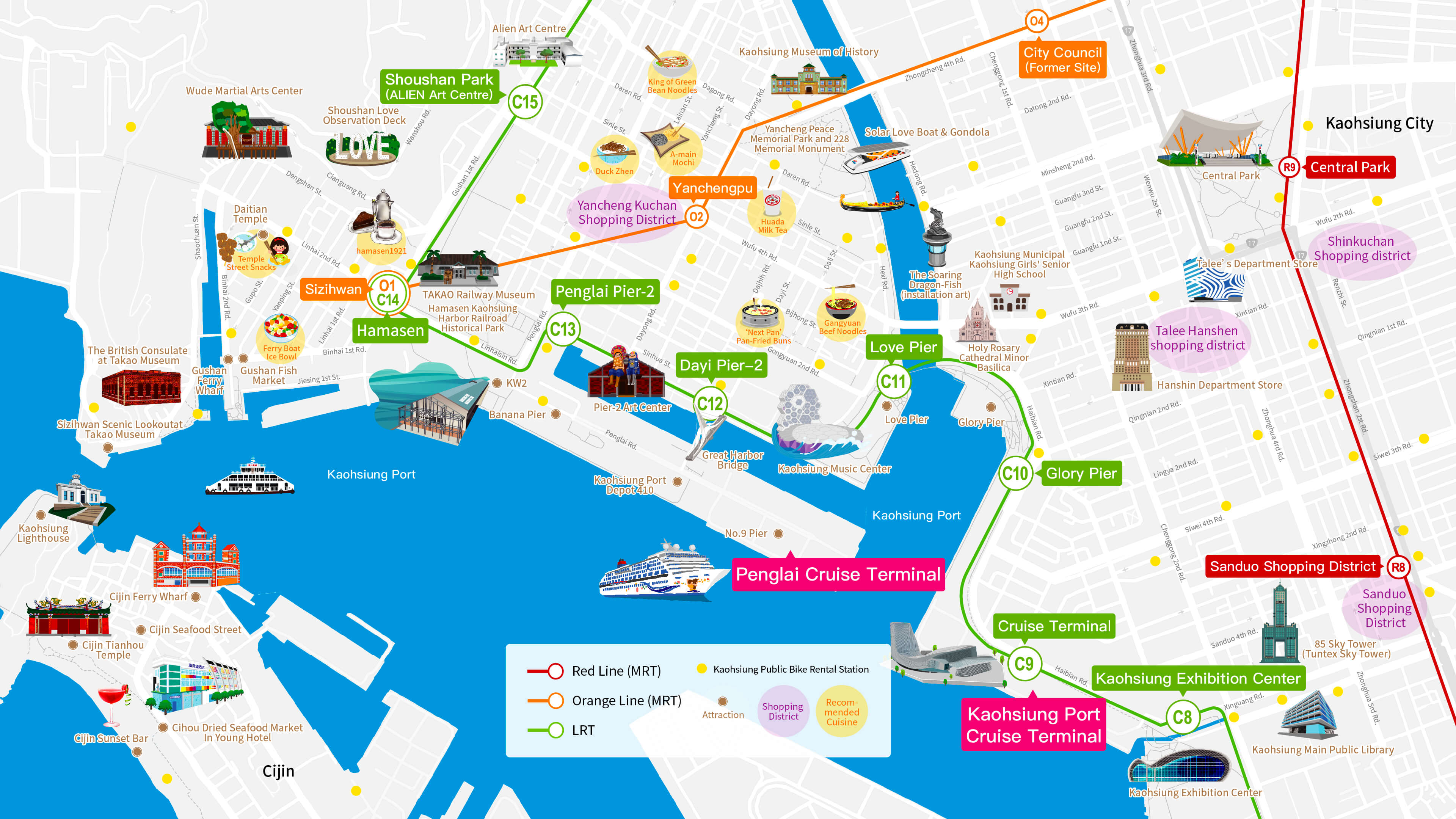 Map of Attractions Around the Port of Kaohsiung